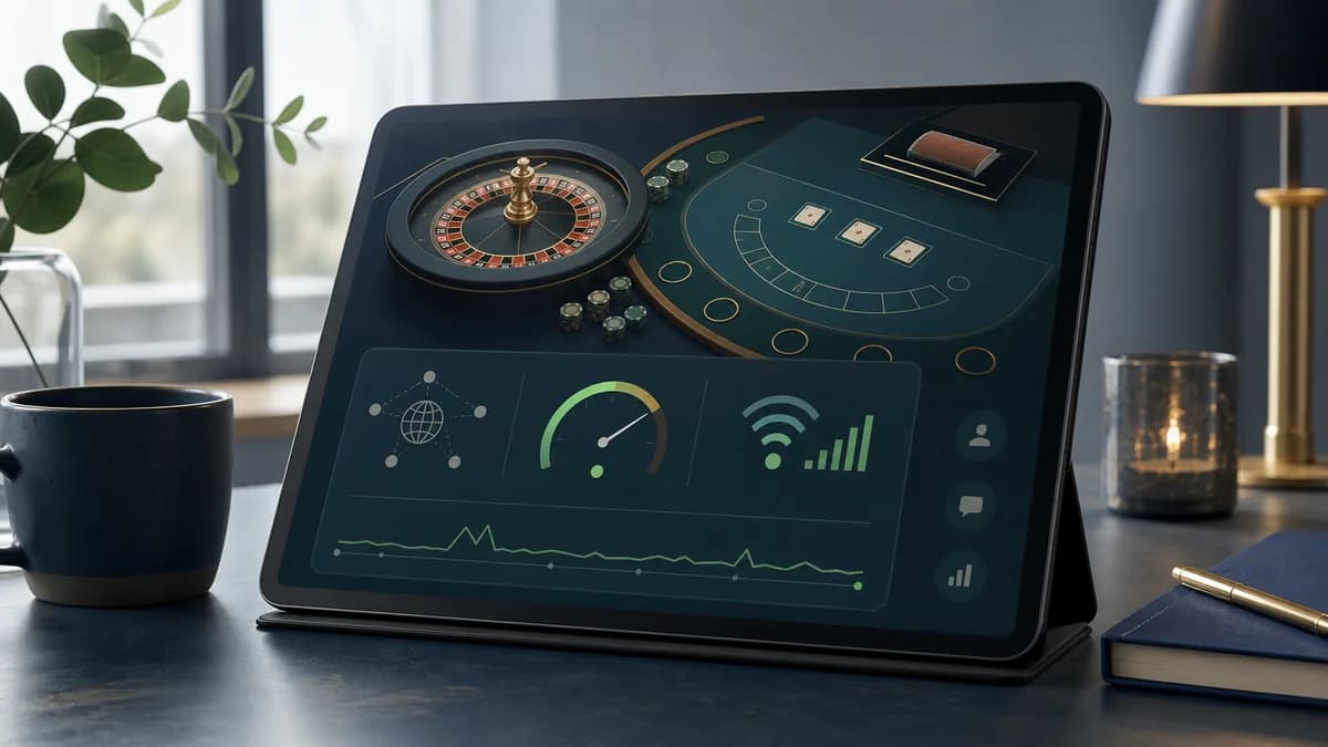 Tabletilla näkyvä livekasinon pöytäpelinäkymä ja yhteyden laatua kuvaavat mittarit Evolution kasinoiden vertailuun.