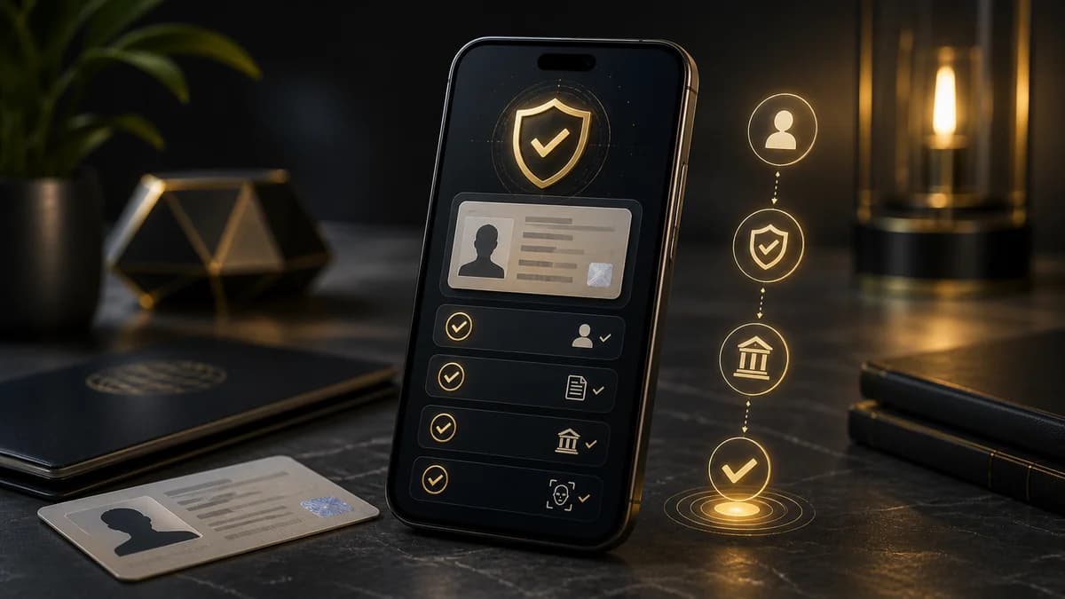 Puhelin näyttää suojatun henkilöllisyyden vahvistuksen ja dokumenttitarkistuksen nettikasinon KYC-prosessissa