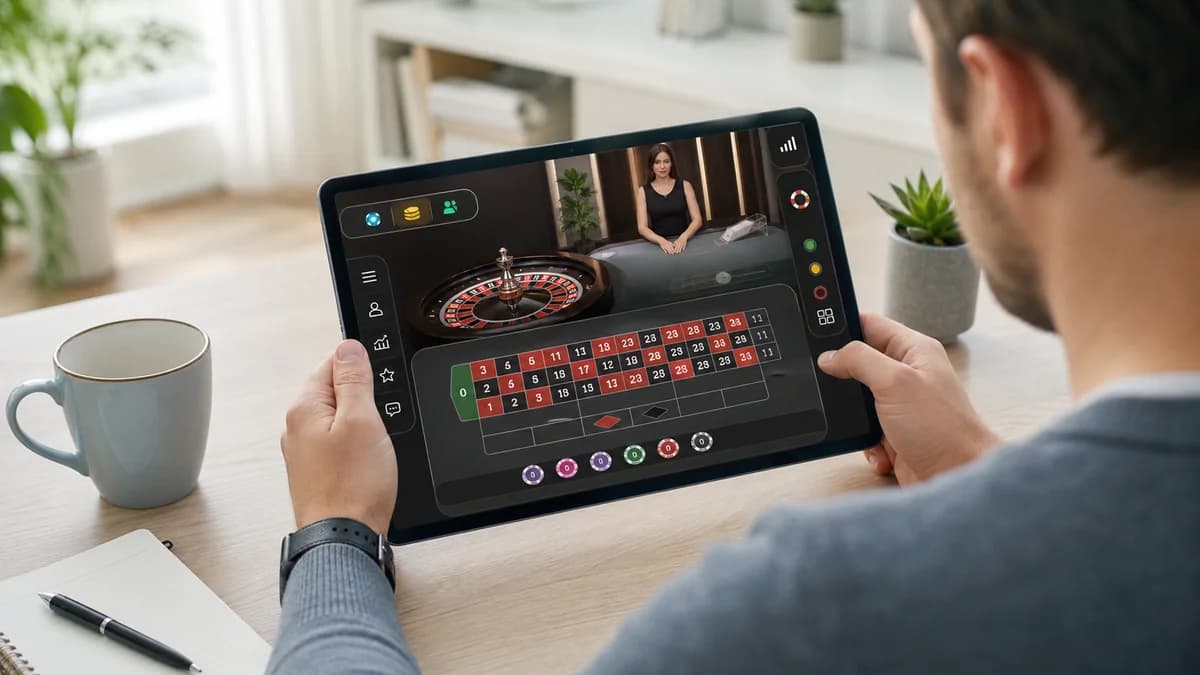 Tabletti näyttää live rulettipöydän ja pelaajan tarkistavan pöytärajoja ennen panostusta.