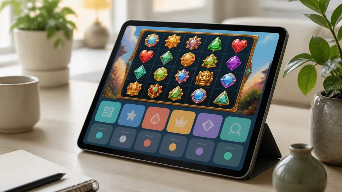 Tabletilla näkyvä abstrakti kolikkopelivalikoima Pragmatic Play kasinoiden vertailua varten.